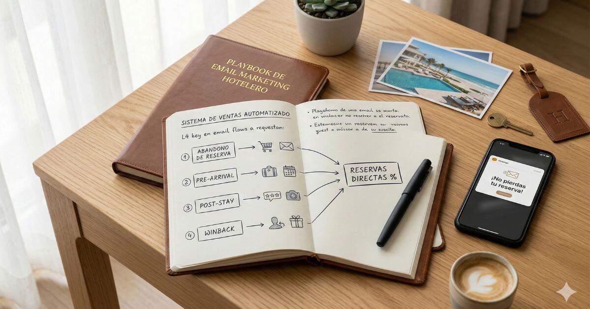 Email marketing para hoteles enfocado en reservas directas con flujos de abandono, pre-arrival, post-stay y winback